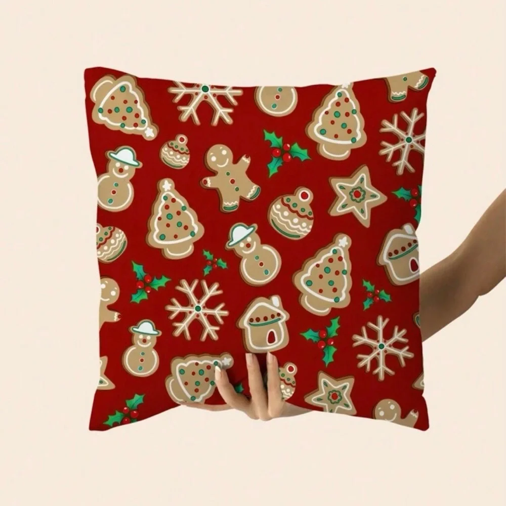 Gingerbread Print Red Christmas Holiday Pillow Cover